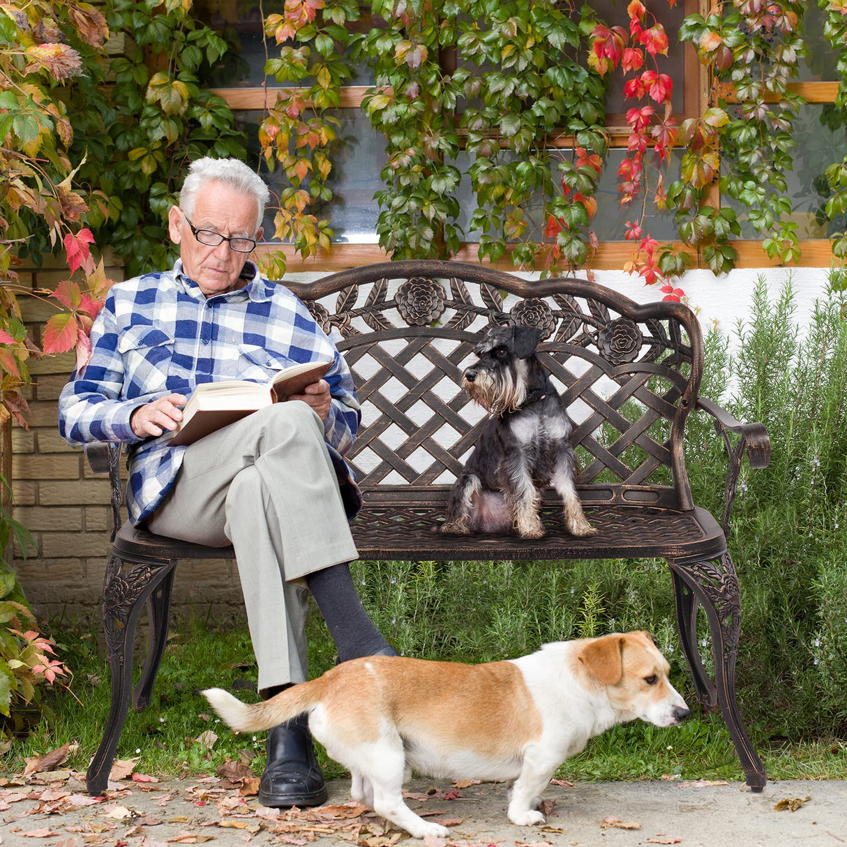 VINGLI 42.5" Patio Garden Bench Outdoor Metal Rose Loveseat, Cast Iron Cast Aluminium Frame Antique Finish Park Chair, Accommodates 2-3 People VINGLI