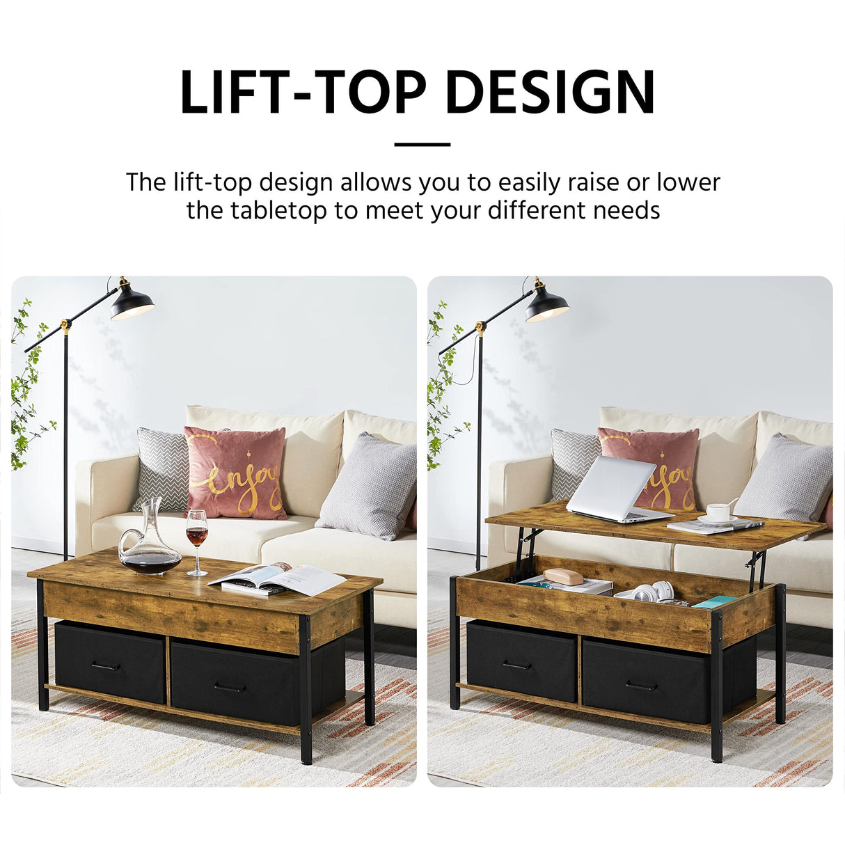 Yaheetech Lift Top Coffee Table with Storage and 2 Fabric Baskets, 41.5 Inch Wooden Raisable Top Coffee Table for Living Room & Office, Rustic Brown Yaheetech