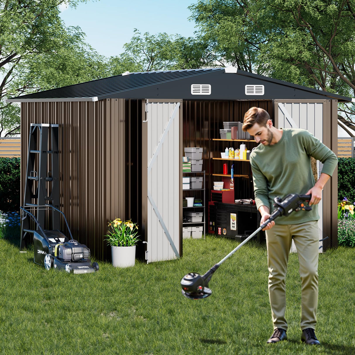 COMHOMA Shed Outdoor Storage Shed Metal,Lockable Doors Tool Sheds with Sloping Roof,Steel Garden Shed with Air Vent for Backyard,Patio,Lawn,Poolside (Brown, 10'x8') COMHOMA