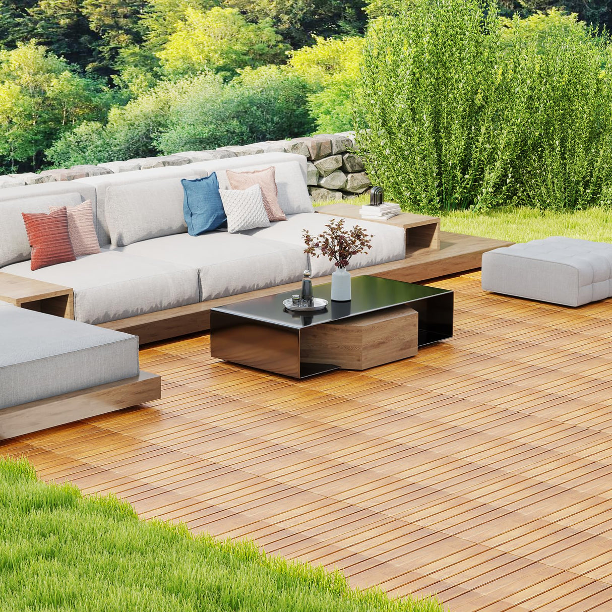 Tangkula 27 PCS Interlocking Deck Tiles, 12" x 12" Acacia Wood Floor Tiles for Patio, Balcony, Garden Indoor, 27 Sq. Ft Flooring Pavers Outdoor Waterproof, Tools Free Assembly (Stripe) Tangkula