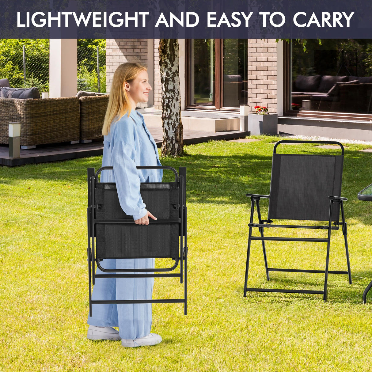 Yaheetech Outdoor Patio Chairs Set of 2, Folding Patio Chairs with Metal Frame, Armrests, Portable Dining Chairs for Camping, Lawn, Garden and Porch, Black Yaheetech