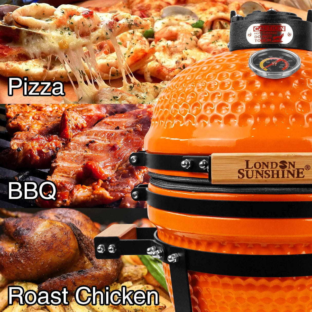 London Sunshine Ceramic Charcoal BBQ Kamado Grill Smoker - Portable Tabletop Cadet Series -Orange London Sunshine