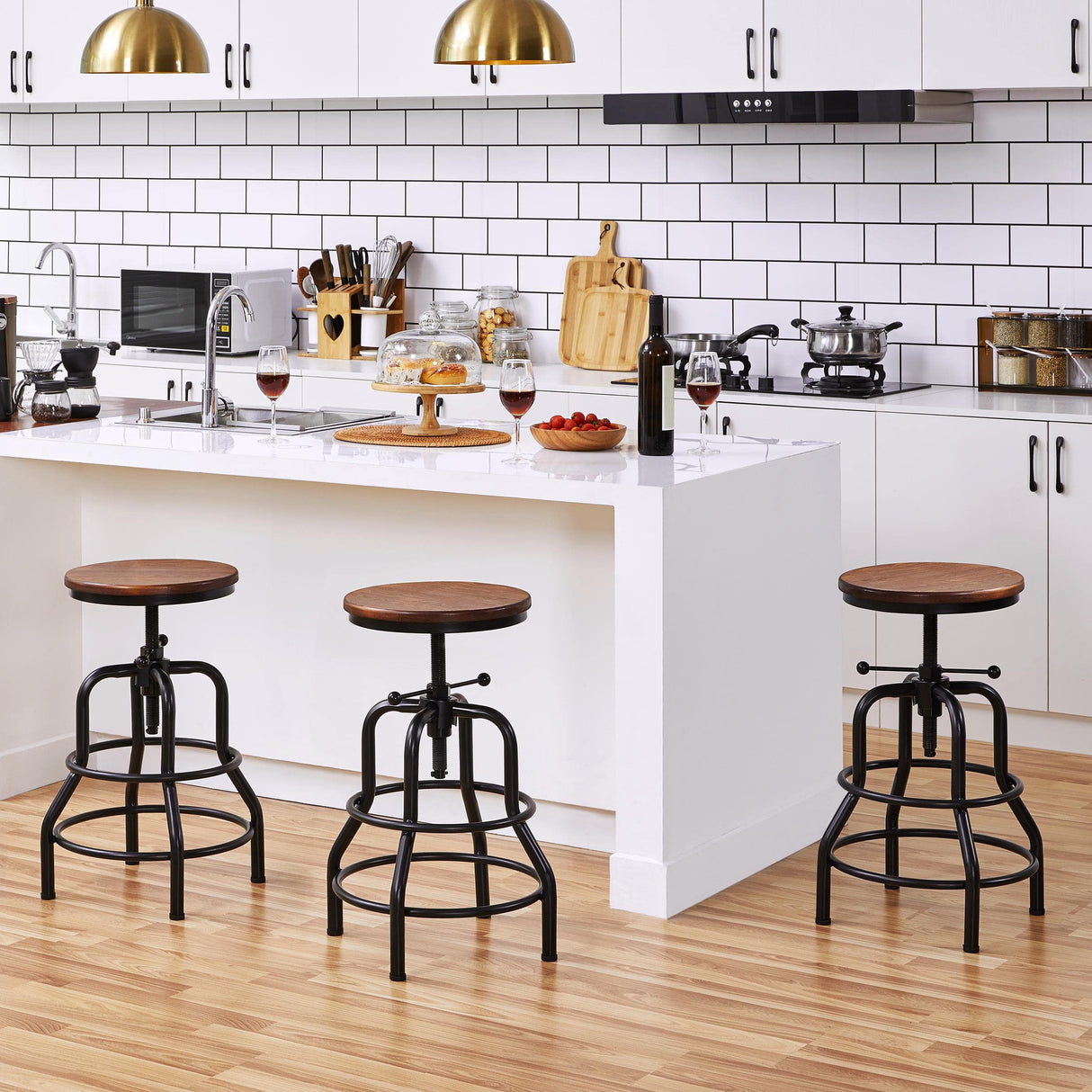 Yaheetech Industrial Bar Stool Vintage Counter Stool Rustic Counter Height Bar Stool Adjustable Metal Stool with Round Wood Seat Kitchen/Dining/Cafe Chair 20-27 Inch Tall, Brown, 1PCS Yaheetech