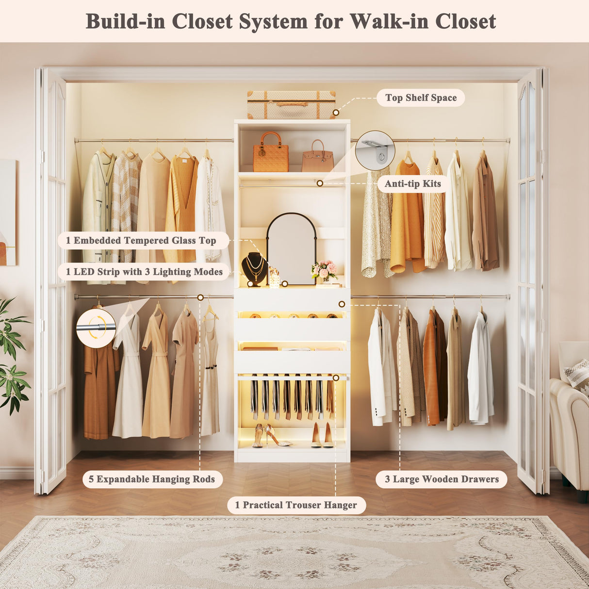 Closet System, 4-8FT Closet Organizer with 3 Wood Drawers & Glass Top, 102'' Walk in Closet with 5 Hang Rods & LED Lights & Trouser Rack, Built-in Wardrobe Clothes Rack with Shelves and Tower, White HUAHUU