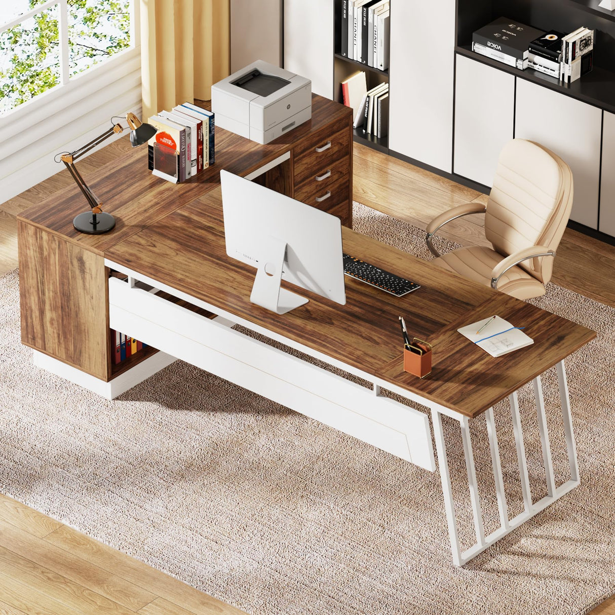 Tribesigns 71-Inch Executive Desk, L-Shaped Desk with Cabinet, Large Office Desk with Drawers and Storage Shelves, Writing Table Computer Desk for Home Office, Brown and White Tribesigns