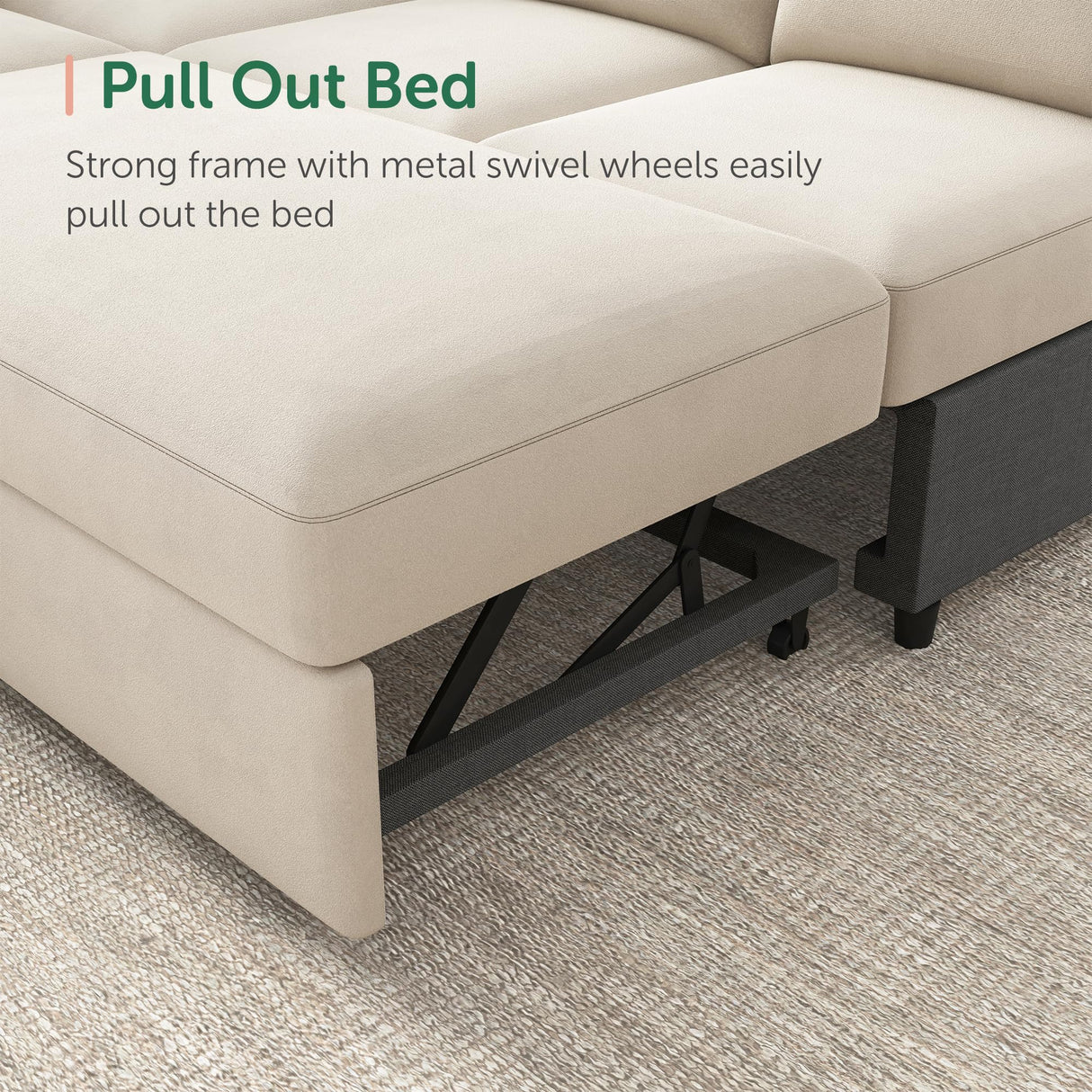 HONBAY Sectional Couch with Pull Out Bed, Sectional Sleeper Sofa with Storage, U Shape Sectional Couches for Living Room,Velvet Beige HONBAY