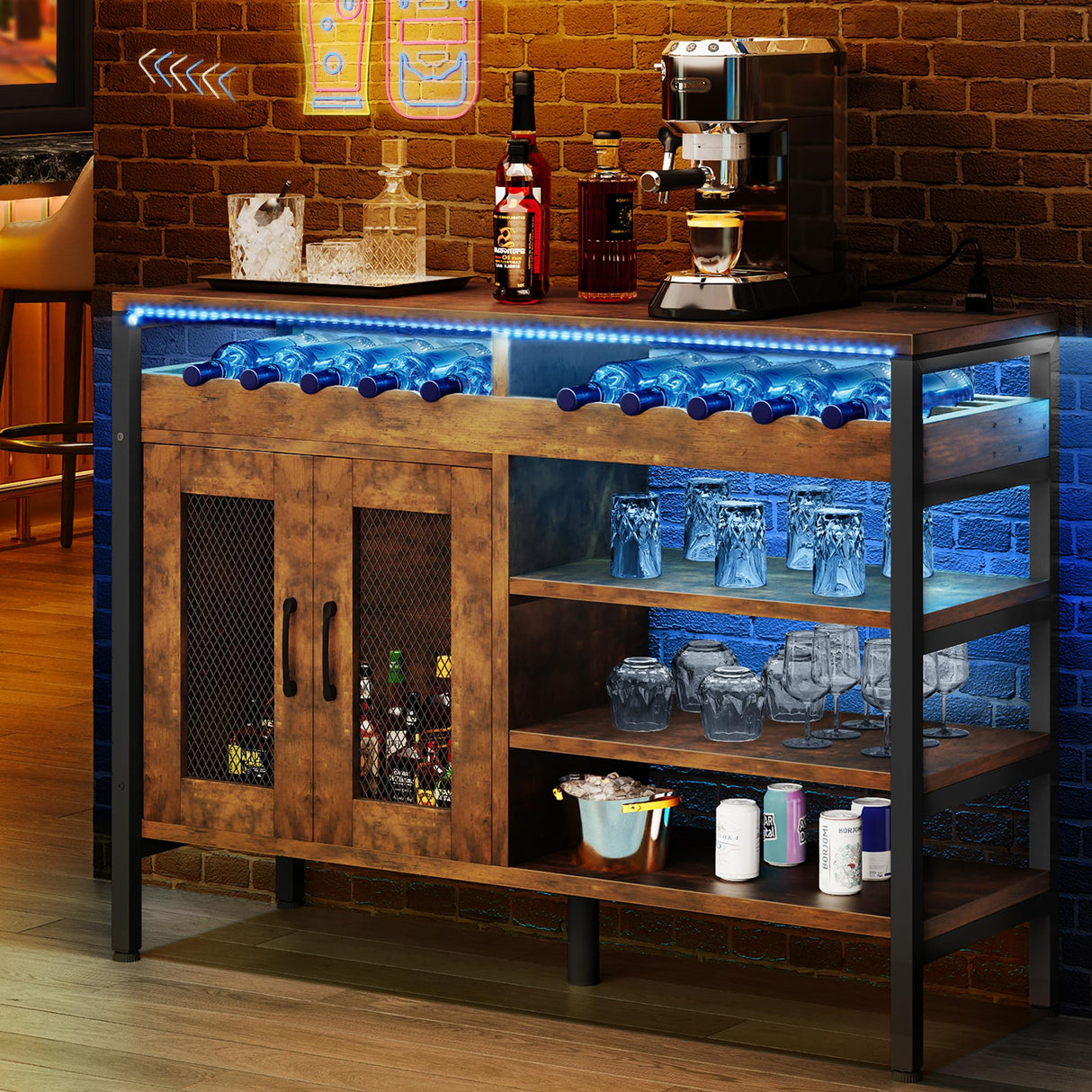 YITAHOME 55" Industrial Bar Cabinet with LED Lighting and Power Outlets for Home Dining and Living Rooms YITAHOME