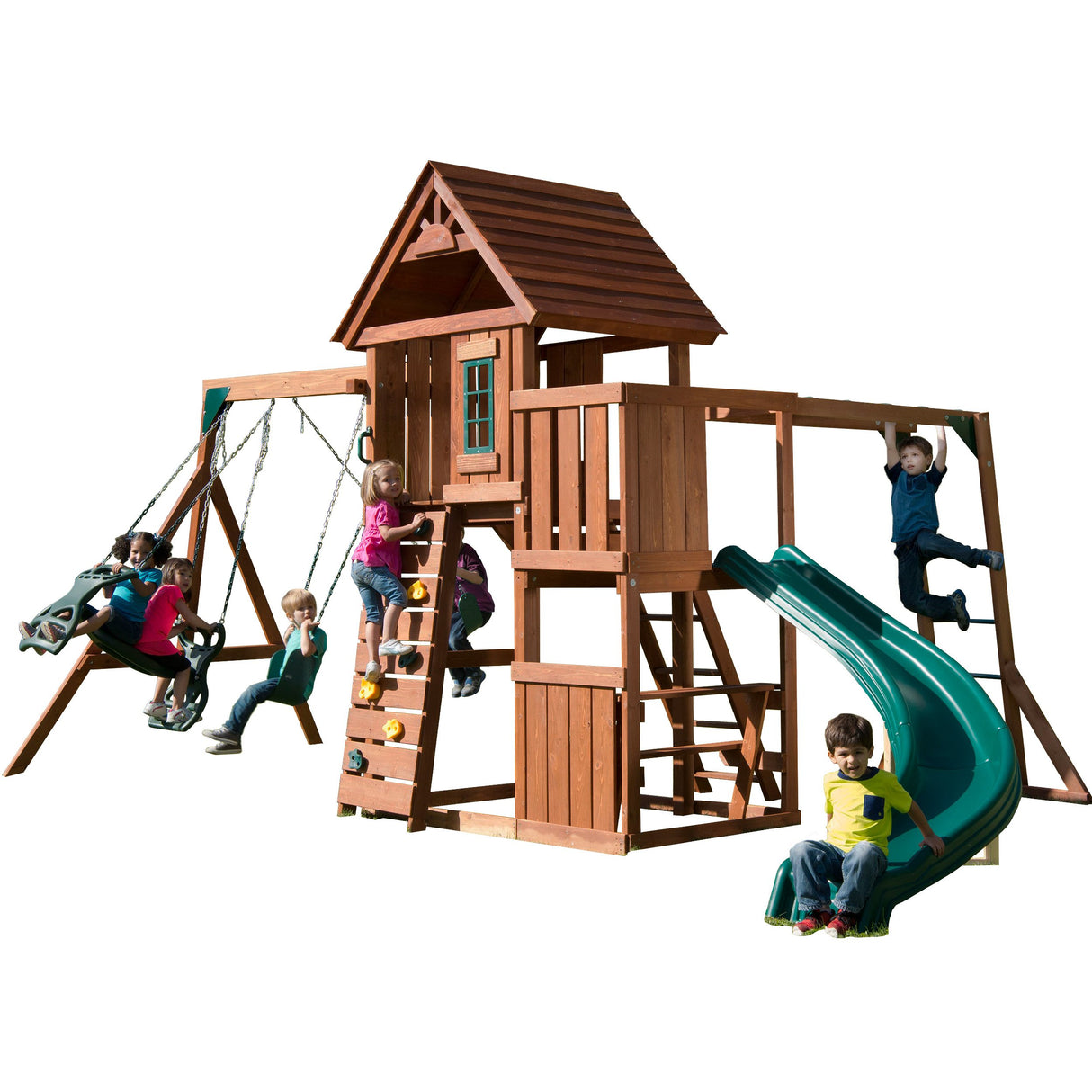 Swing-N-Slide PB 8272 Cedar Brook Wooden Swing Set Play Set with Two Swings, Slide, Monkey Bars, Picnic Table & Glider, Green Swing-N-Slide