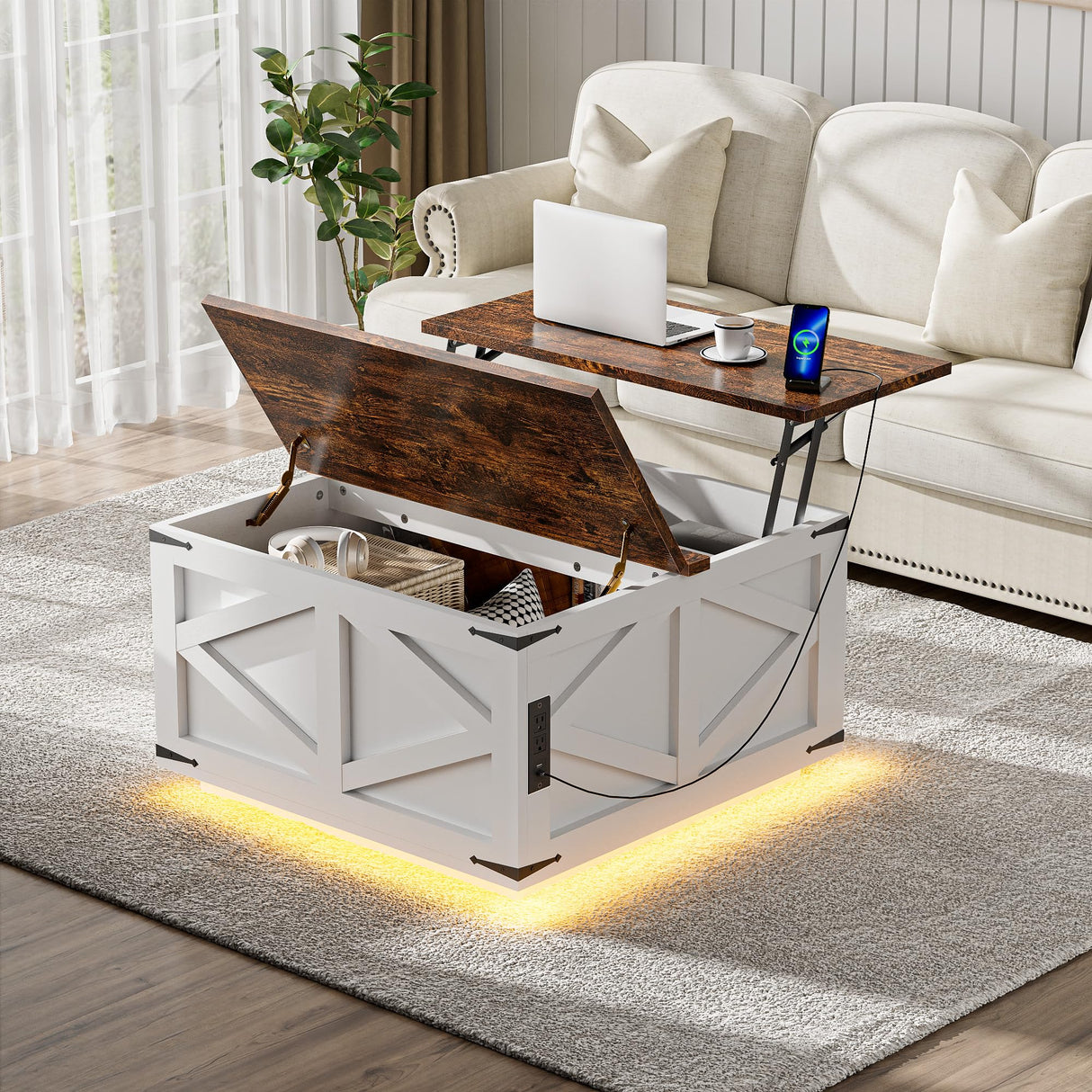Dutsalrun Lift-Up Coffee Table with LED Storage and Charging Station | Farmhouse Square Lift-Up Table | Living Room Bench with Hidden Storage Dutsalrun
