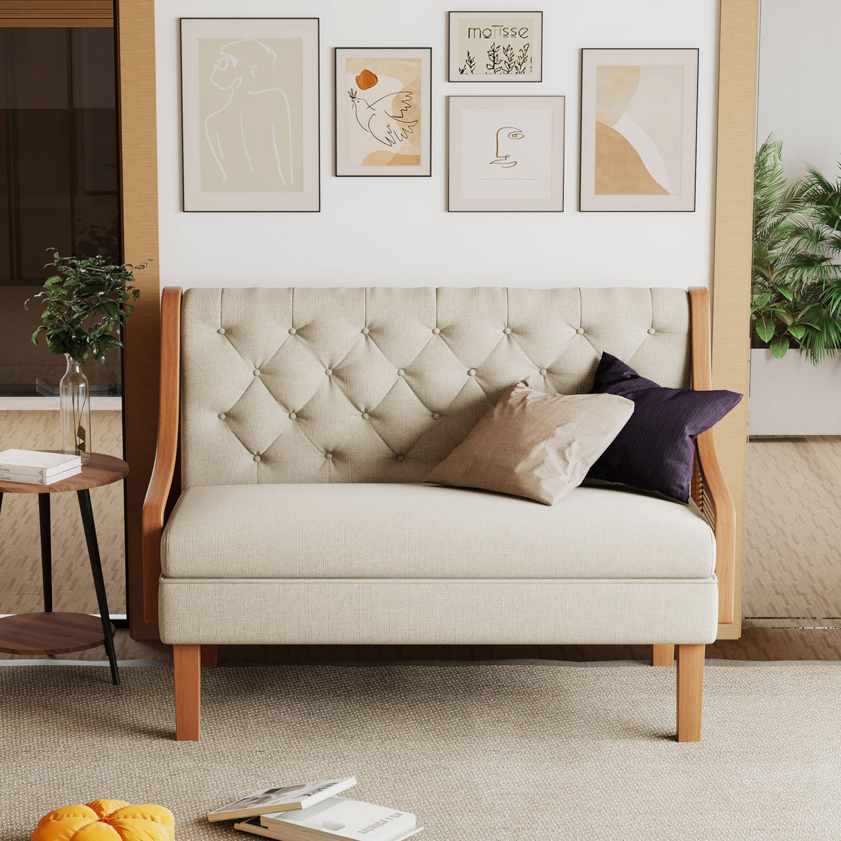 Andeworld Loveseat Settee Bench with Natural Rattan Arms,Upholstered Modern Mini Sofa Couch,Banquette Dining Bench Love Seat for Living Dining Room Bedroom Office Small Space Entryway,Beige Andeworld
