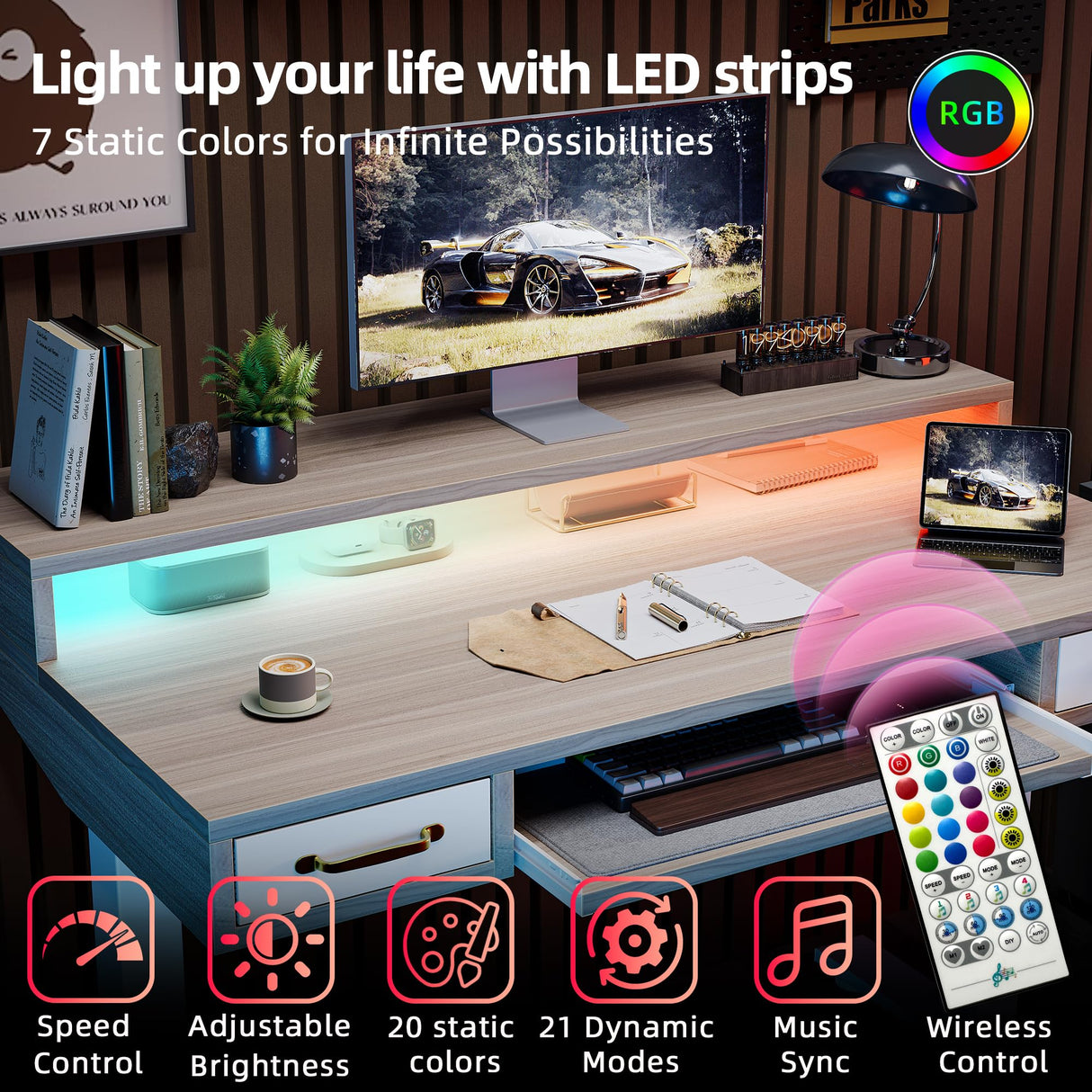 TIQLAB 55 x 28 Inch Height Adjustable Electric Standing Desk with Double Drawers&Keyboard Tray, Stand Up Desk with LED Strips&Monitor Stand, Light Walnut TIQLAB