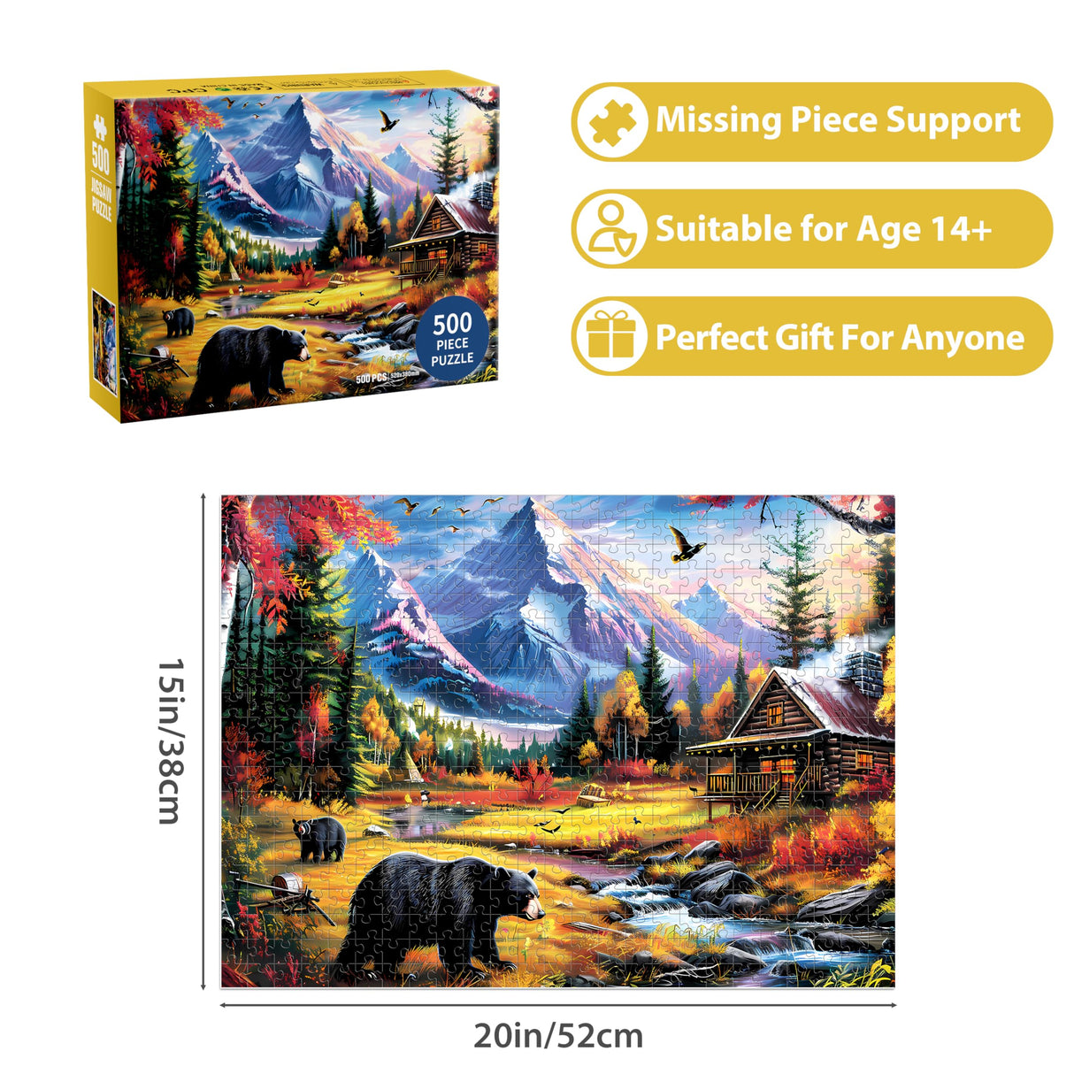500 Pieces Jigsaw Puzzles for Adults Puzzle Bear Mountain Nature Puzzle for Children Elderly, Recycled Paper Puzzle 500 Pieces, Challenging Puzzle Family Game Great Gift for Friends, 20.5 x 15 Inch Jeacirio