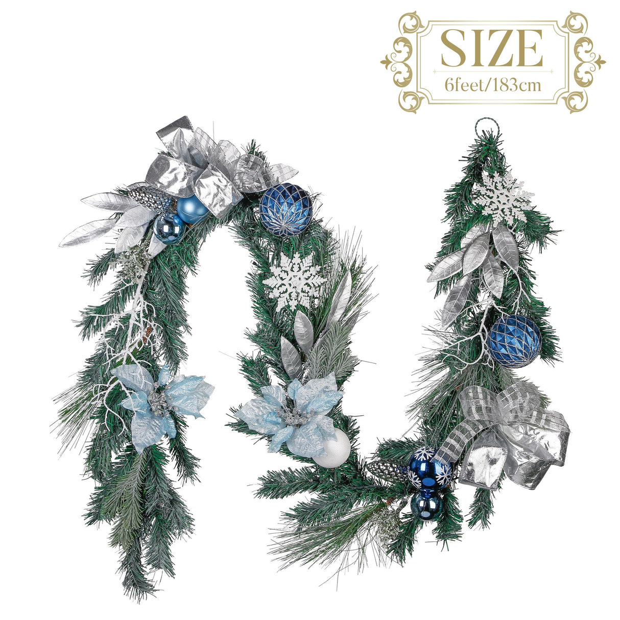 Valery Madelyn Pre-Lit Christmas Garland with Lights for Mantle, 6 feet Lighted Battery Operated Xmas Garland with Silver Light Blue Balls for Front Door Fireplace Table Centerpiece Outdoor Decor Valery Madelyn