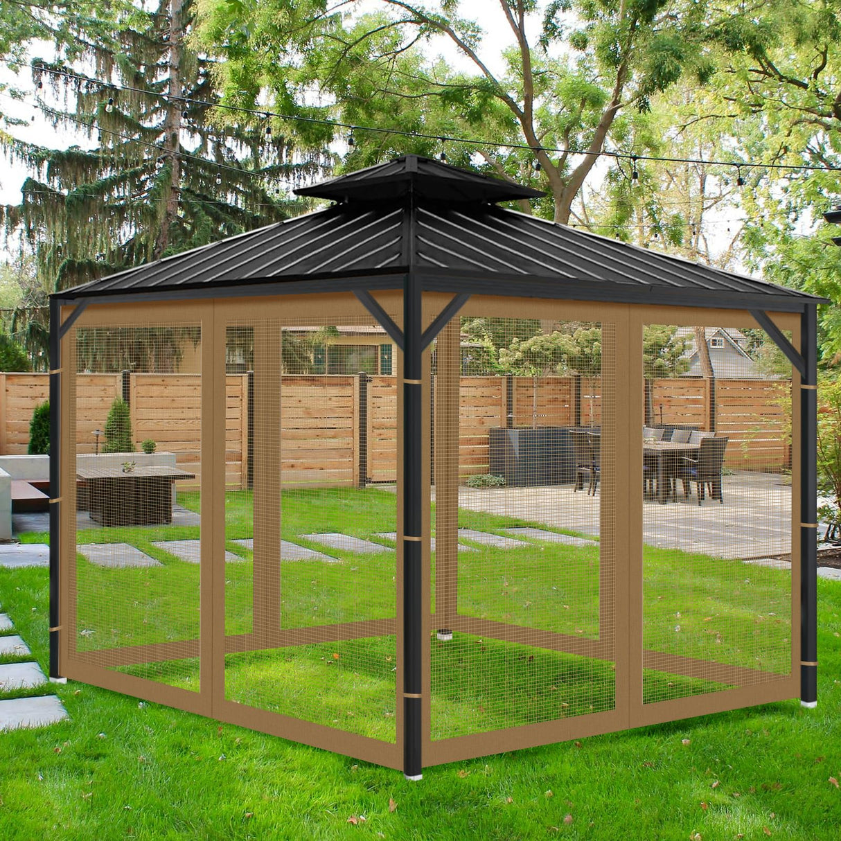 Gazebo Universal Replacement Mosquito Netting, 10' x 12' Outdoor Mesh Netting Screen 4-Panel Sidewall with Zipper for Patio Canopy Garden Porch Pergolas and Backyard, Khaki(Mosquito Net Only) aonear