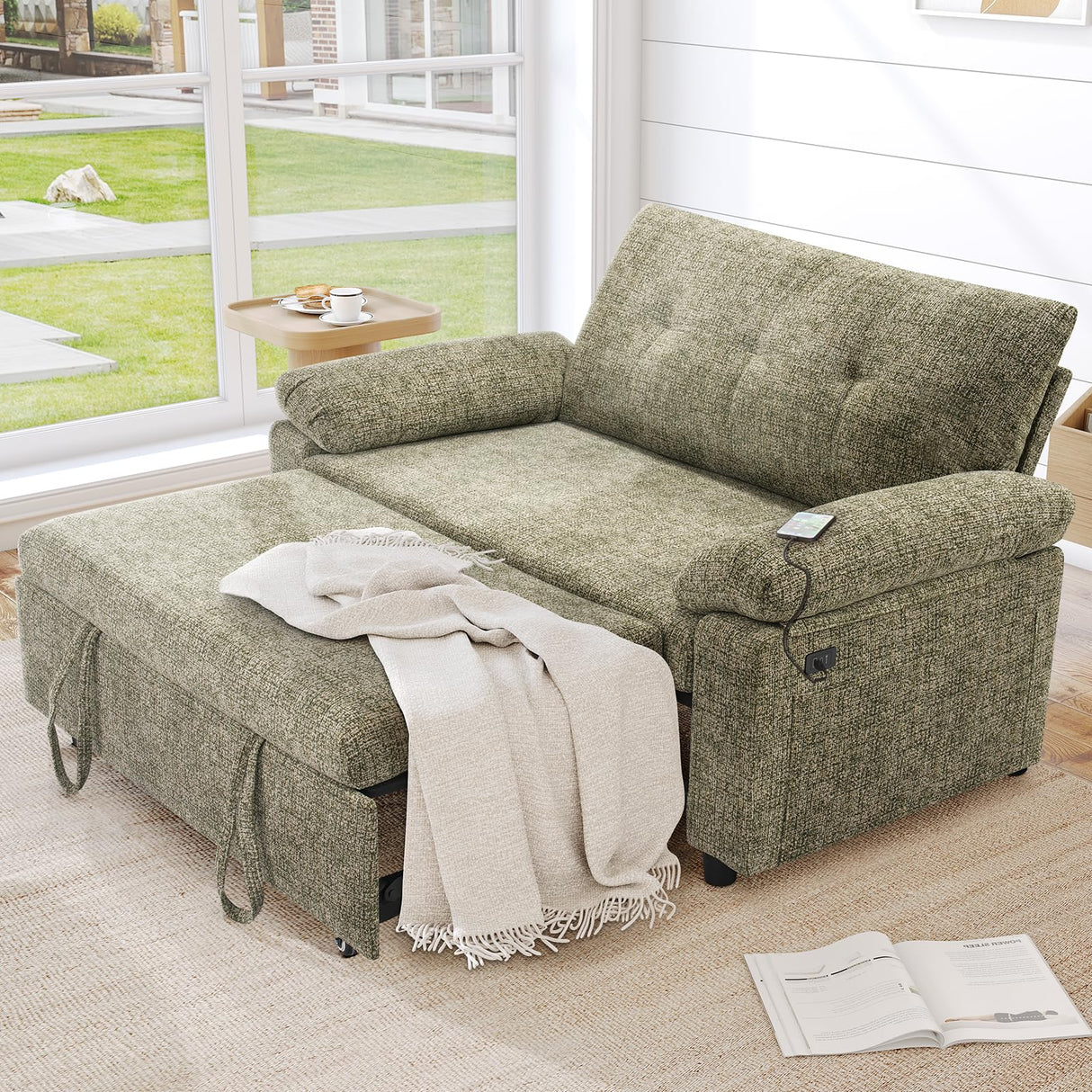 Sunny Heart Chenille 3 in 1 Convertible Sleeper Sofa Bed, Pull Out Couch Bed with USB Ports, Reclining Backrest, Side Pockets, Tool-Free Assembly, Loveseat Perfect for Living Room, Green Sunny Heart