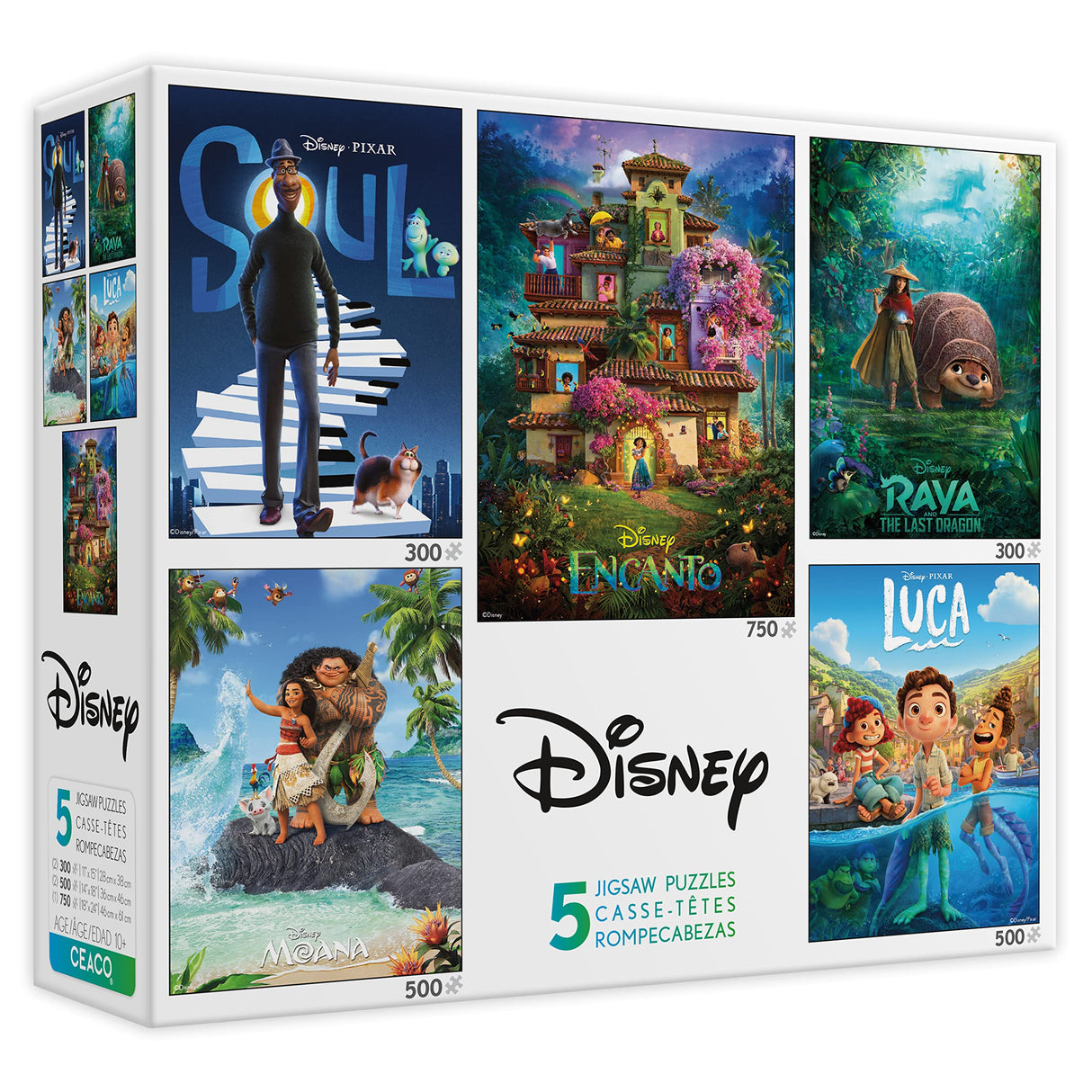 Ceaco - 5 in 1 Multipack – Disney Movie Posters – Encanto, Moana, Luca, Soul & Raya and The Last Dragon - (2) 300 Piece, (2) 500 Piece, (1) 750 Piece Jigsaw Puzzles Ceaco