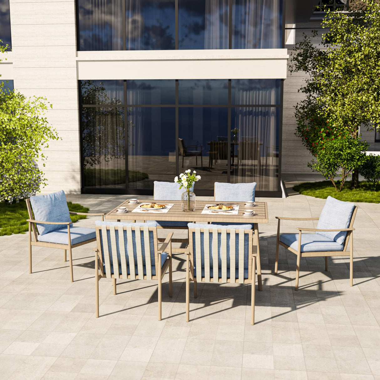 HAPPATIO 7-Piece Outdoor Dining Set for 6, Aluminum Patio Dining Set Includes 6 Dining Chairs and 1 Large Rectangular Table with Umbrella Hole, Patio Furniture Set for Lawn, Porch, Backyard, Brown HAPPATIO