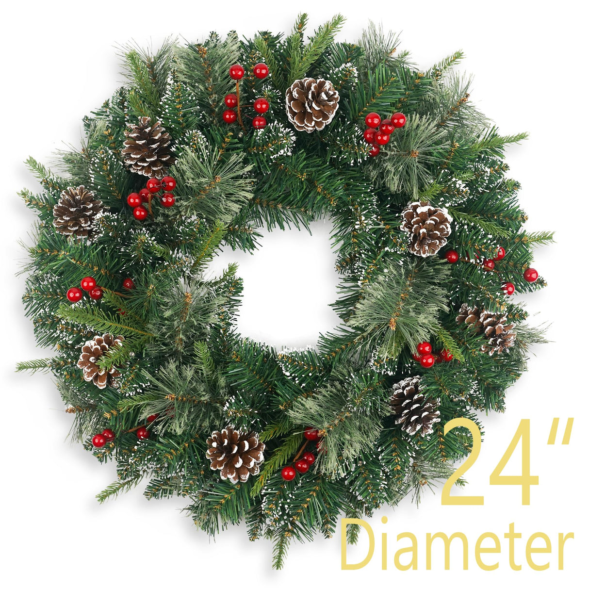 Christmas Wreath Snowy Pre-lit 24 inch with 50 Light & Pine Cone, Artificial Christmas Wreaths for Front Door with Lights, Wreath for Christmas Decoration Door Windows Wall Green HomeKaren