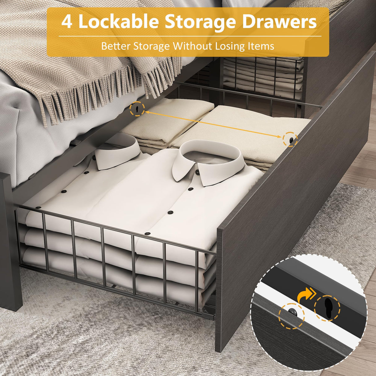 Lifezone Queen Bed Frame with 2-Tier Storage Headboard, Metal Platform Bed Frame with 4 Storage Drawers, Built in Charging Station & LED, Noise-Free/Metal Support/No Box Spring Needed, Rustic Grey Lifezone