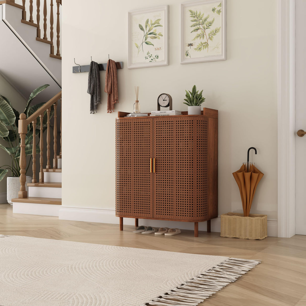 ORRD Shoe Cabinet, 5 Tier Boho Wooden Shoe Storage Organizer Cabinet with Adjustable Shelves, Shoes Rack with Iron Rattan Curved Doors Accent Cabinet for Entryway Hallway Living Room, Walnut ORRD