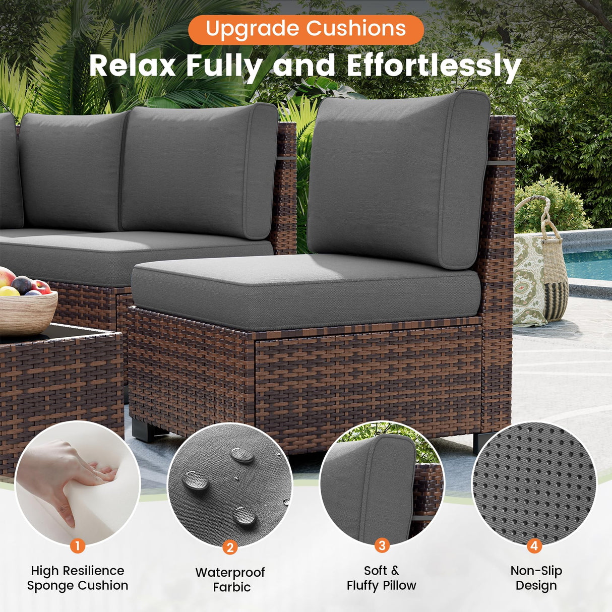 UDPATIO Patio Furniture Set with Fire Pit Table, 8 Inch Armrest Outdoor Sectional Sofa, 7 Piece Wicker Outdoor Furniture Conversation Sets with Waterproof Cover for Backyard Deck(Brown/Dark Grey) UDPATIO
