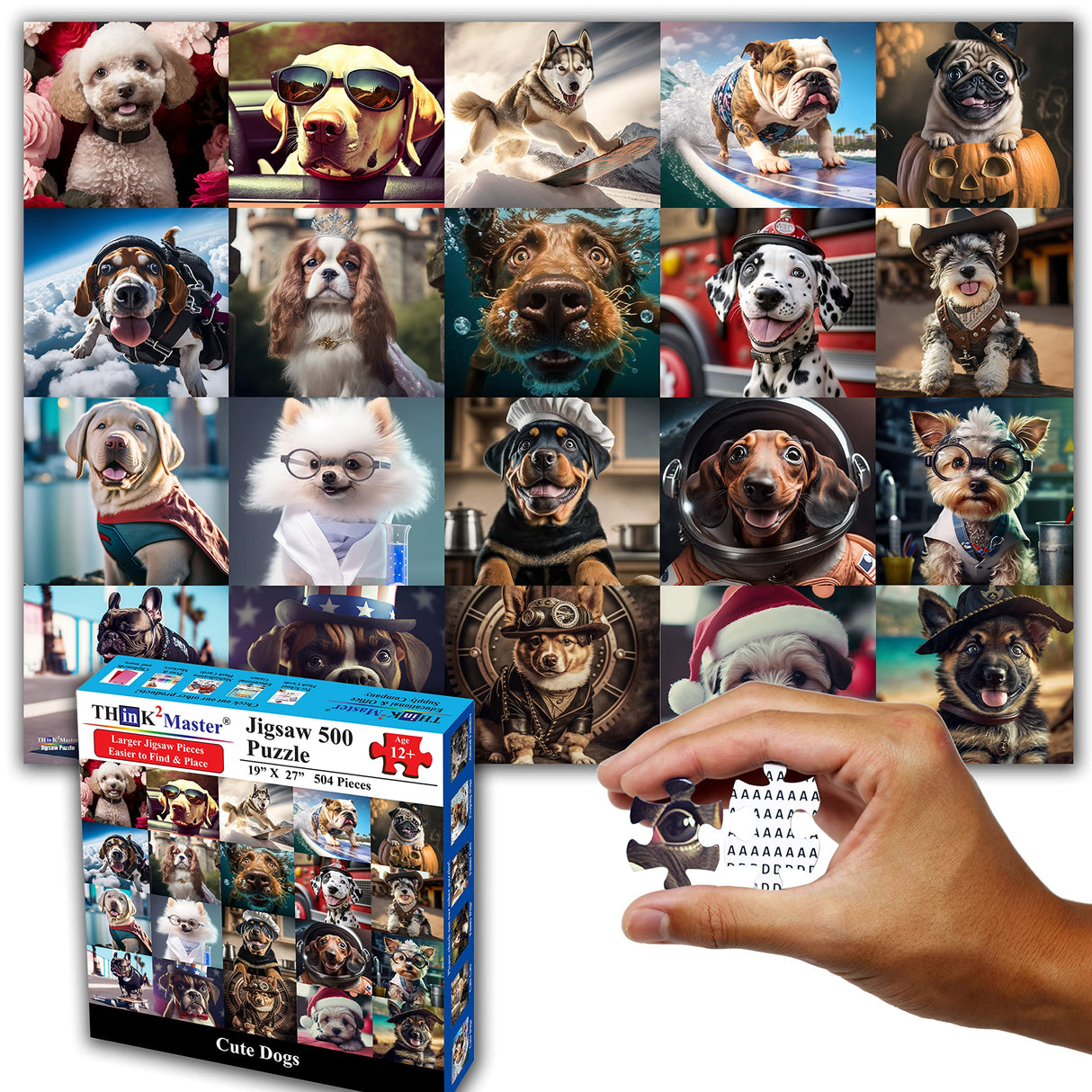 Think2Master Cute Dogs 500 Pieces Jigsaw Puzzle Featuring heartwarming Puppies and Dogs. Fun Teens, Seniors & Families. Great Gift for Kids Ages 13+ Size: 26.8” x 18.9” THINK2MASTER