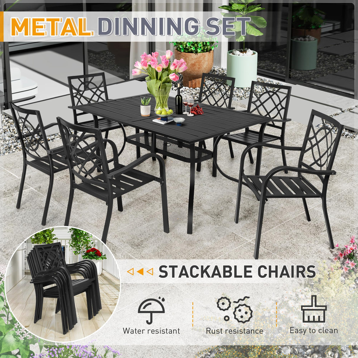 SUNCROWN 7-Piece Outdoor Wrought Iron Chairs and Table Patio Dining Furniture Set - 6 Stackable Metal Chairs, 1 Steel Slat Bistro Table and 1 Brown 9Ft Patio Umbrella for Garden Backyard Deck SUNCROWN