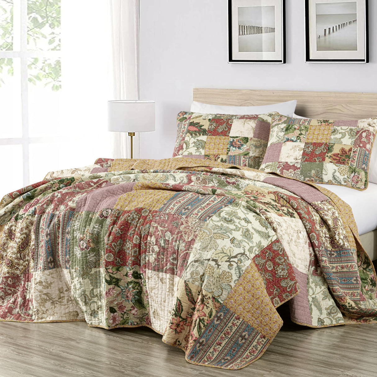 Chezmoi Collection Delaney 3-Piece Floral Patchwork Pre-Washed 100% Cotton Quilt Set, King Chezmoi Collection