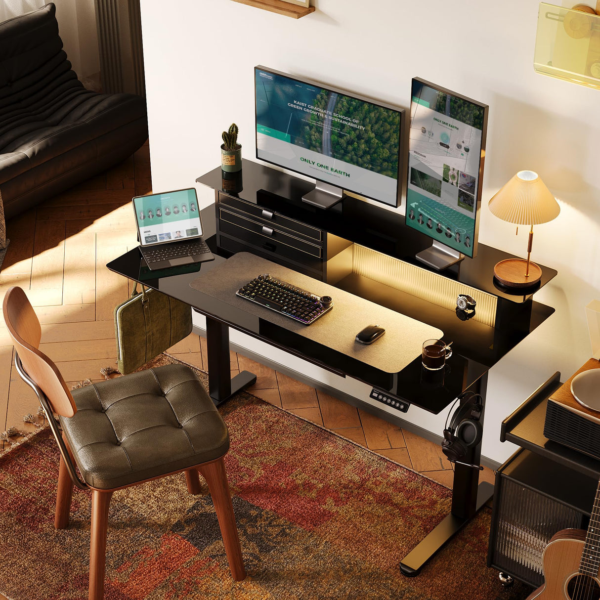 INNOVAR Glass Standing Desk with 3 Drawers, 48x24 Inch Height Adjustable Desk with USB Ports & LED Lights, Electric Stand Up Desk with Monitor Stand for Home, Office, Workstation, Black INNOVAR