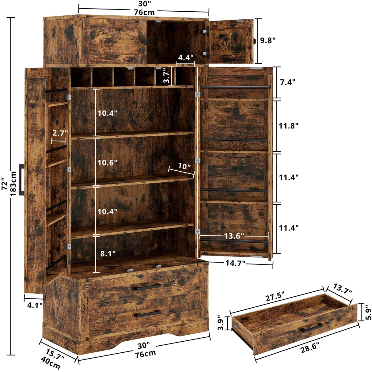 IRONCK Kitchen Pantry 72" Height, with 8 Hanging Shelves, 2 Drawers and Open Storage Cabinet, Freestanding Cupboard for Dining Room Living Room,Vintage Brown IRONCK