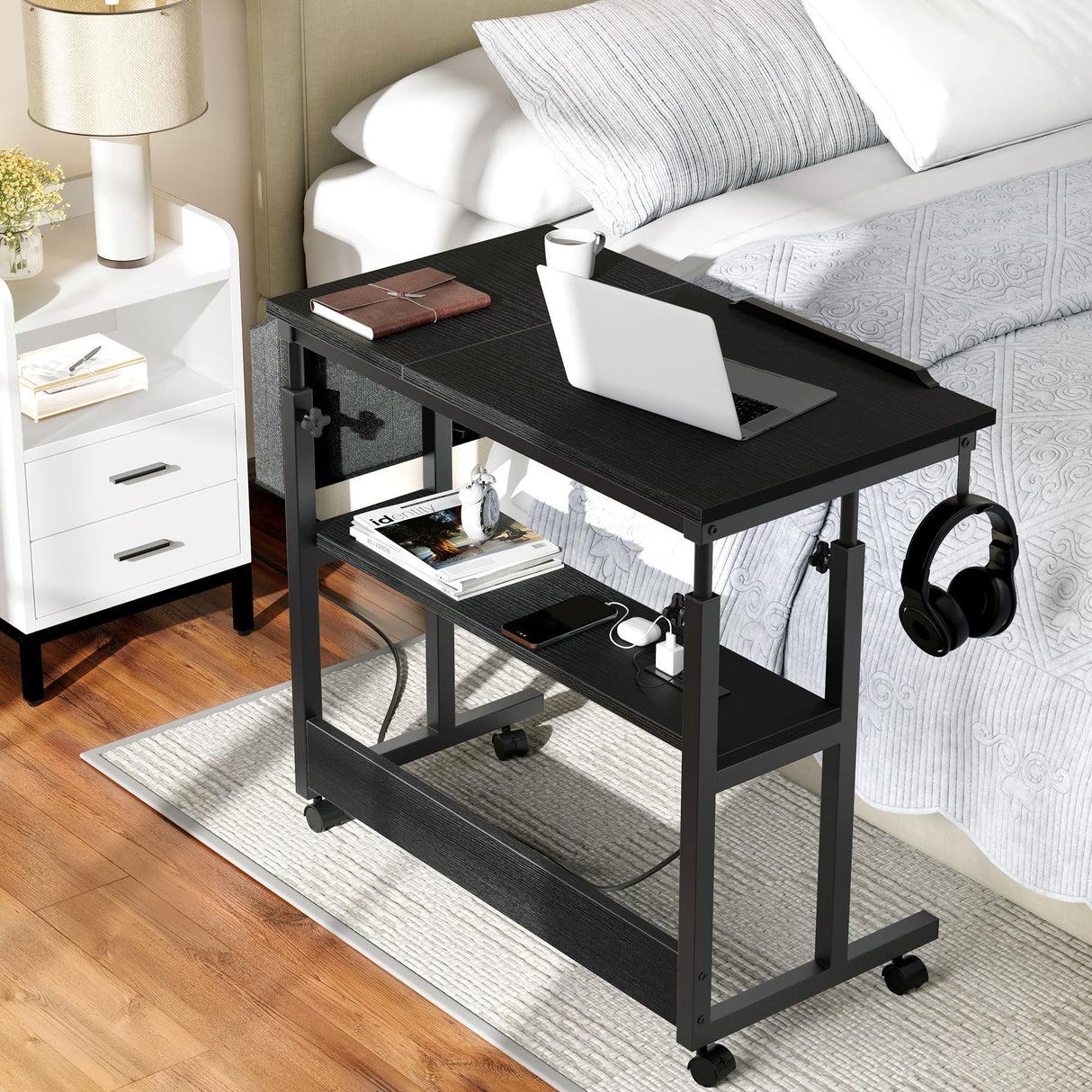 YITAHOME Height Adjustable Table with Charging Station, Portable Desk with Wheels, Small Standing Rolling Computer Desk with Tiltable Tabletop and Storage Bag, Black YITAHOME