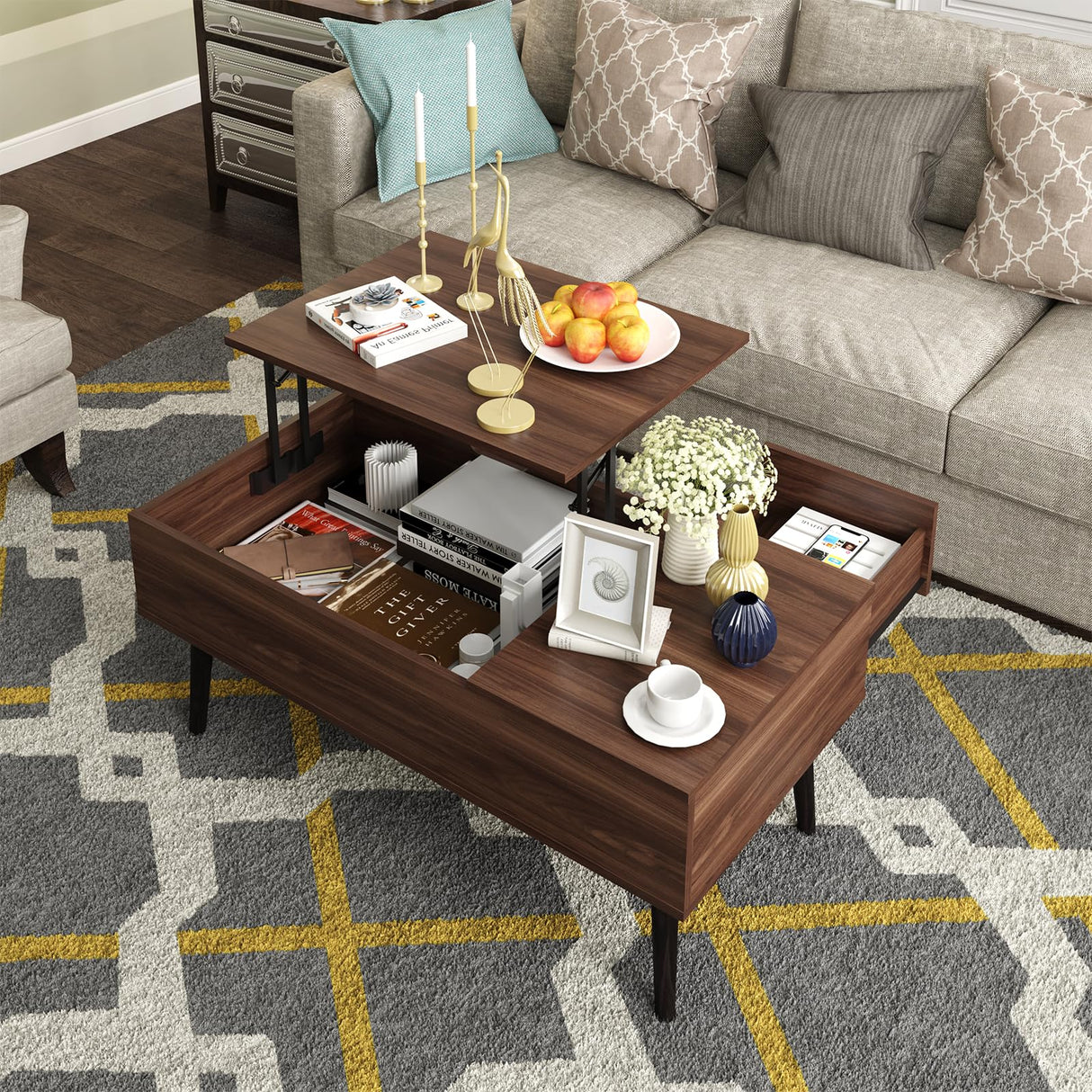 HAIOOU Lift Top Coffee Table, Mid Century Modern Coffee Tables with Drawer for Living Room, Open Storage Shelf, Walnut Cocktail Table TV Stand with Stable Pine Leg Anti-Scratching, Home, Office HAIOOU