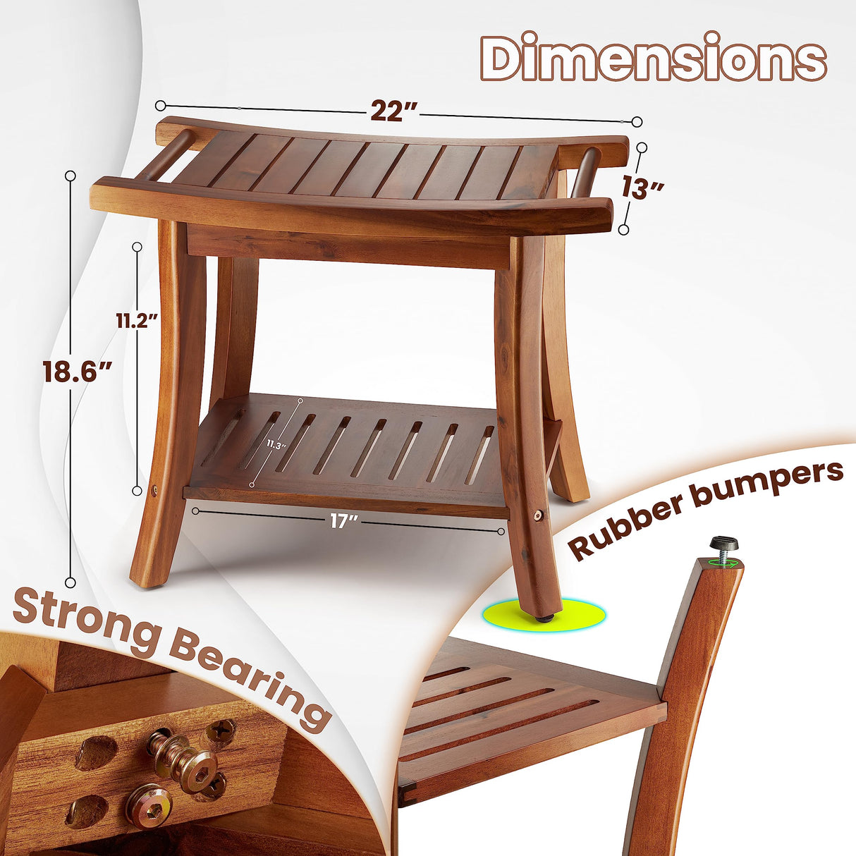 Tinamo Acacia Wood Shower Benches for Inside Shower - Wooden Shower Stool Waterproof for Shaving Legs - Bench Seat with Storage Towel Shelf for Bathroom - Chair Spa Bath (22" x 13" x 18.6") (Acacia) Tinamo