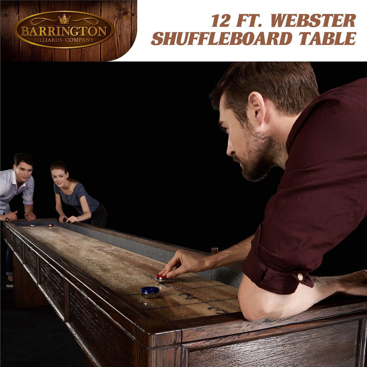 Barrington Billiards 12' Webster Shuffleboard Table with Scratch-Resistant Playfield and 8 Puck Set Barrington Billiards
