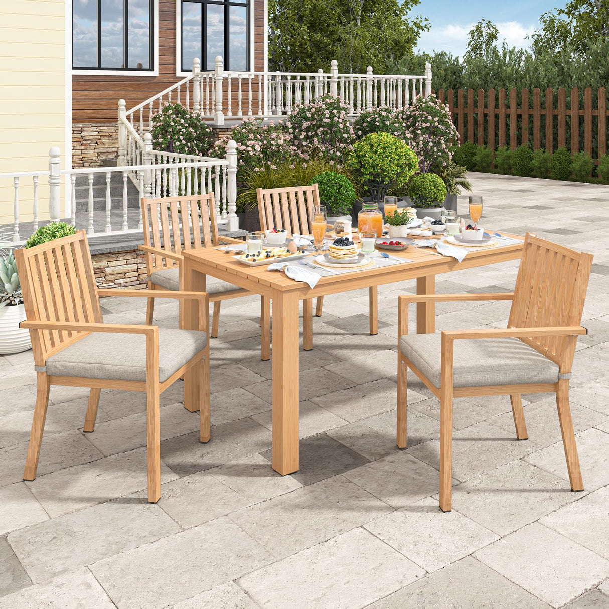 Wisteria Lane Aluminum 6 Pieces Patio Dining Sets, Outdoor Dining Table with 4 Chairs and Bench, Outdoor Patio Dining Furniture Set with Removable Cushion for Lawn, Garden, Backyard, Brown Wisteria Lane