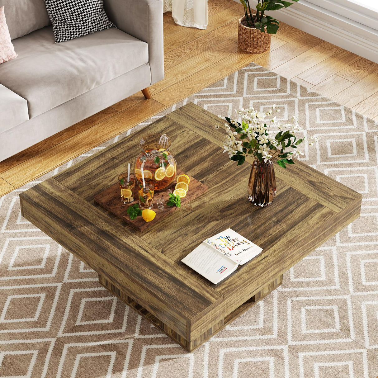 Tribesigns 35" Square Coffee Table, Farmhouse Center Table with 2-Tier Storage, Rustic Wood Cocktail Table Perfect for Living Room, Reception Room, Brown Tribesigns