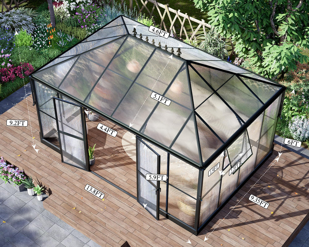 HOWE 14x9.5x9 FT Polycarbonate Greenhouse with 2 Vents and Double Swing Doors 6FT Added Wall Height, Walk-in Large Winter Greenhouse Sunroom Aluminum Greenhouse for Outdoors, Black HOWE