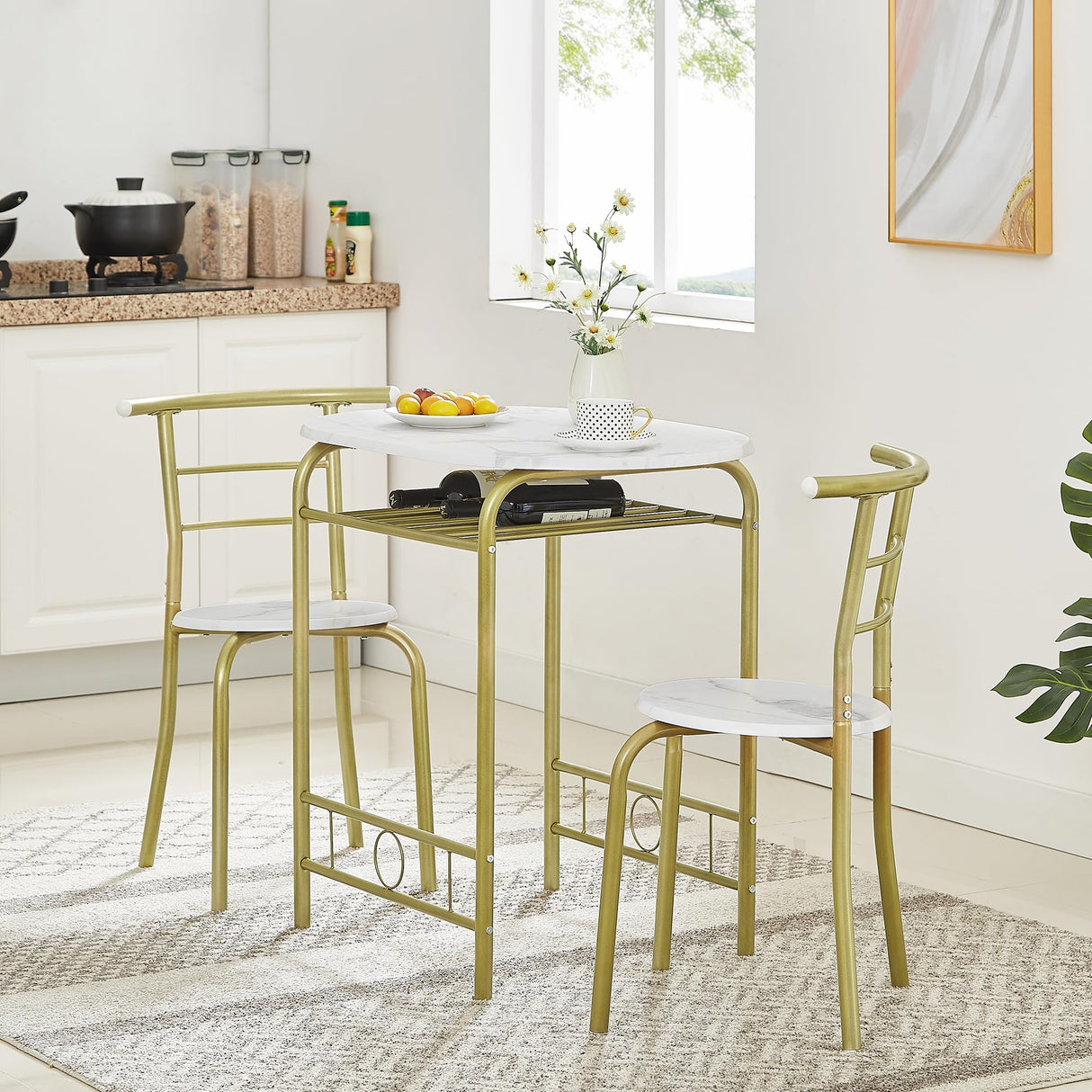 VECELO White & Gold 3-Piece Dining Table Set with Wine Rack for Small Spaces VECELO