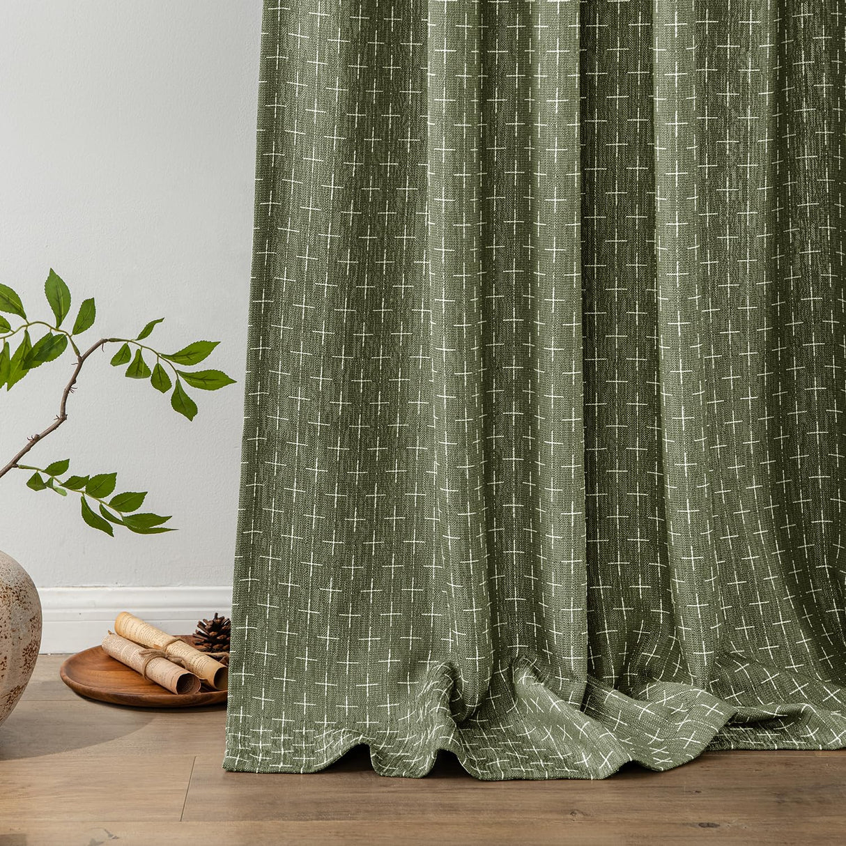MIULEE Decorative Back Tab Linen Curtains with Geometric Pattern for Living Room Bedroom Farmhouse Rustic Thick Woven Textured Patterned Mudcloth Drapes 84 Inches Long 2 Panels Set, Olive Green MIULEE