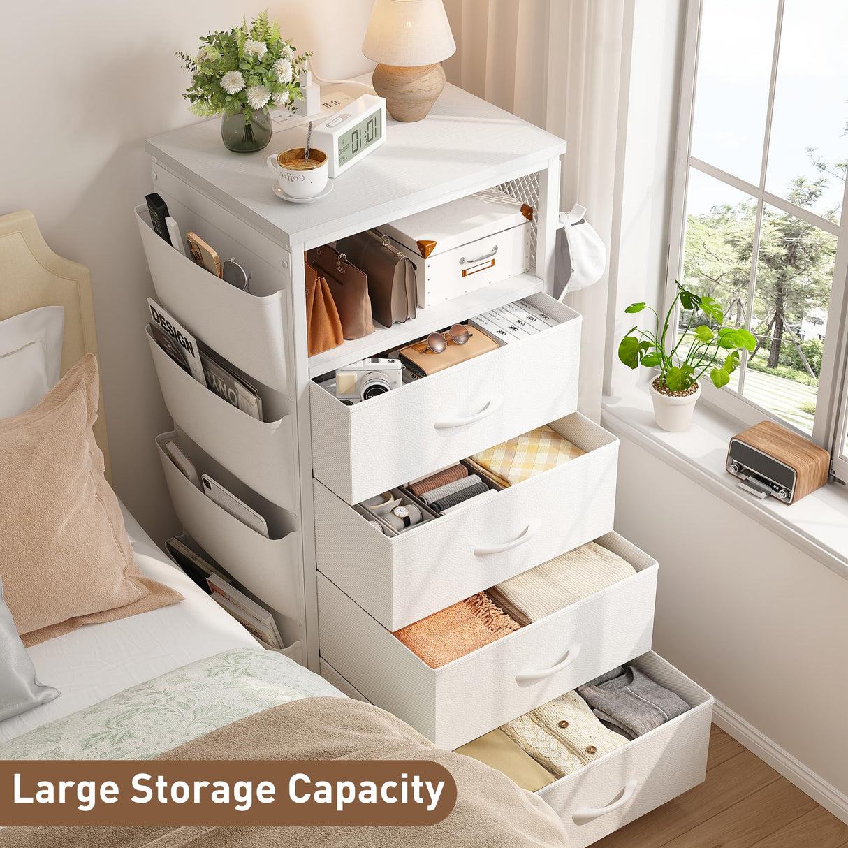 Enhomee Nightstands Set of 2 Nightstand with Charging Station & LED Lights Tall Nightstand with Cloth Bags & Hooks Modern Night Stand with Dresser Drawers and Storage Shelves White Nightstand Set of 2 EnHomee