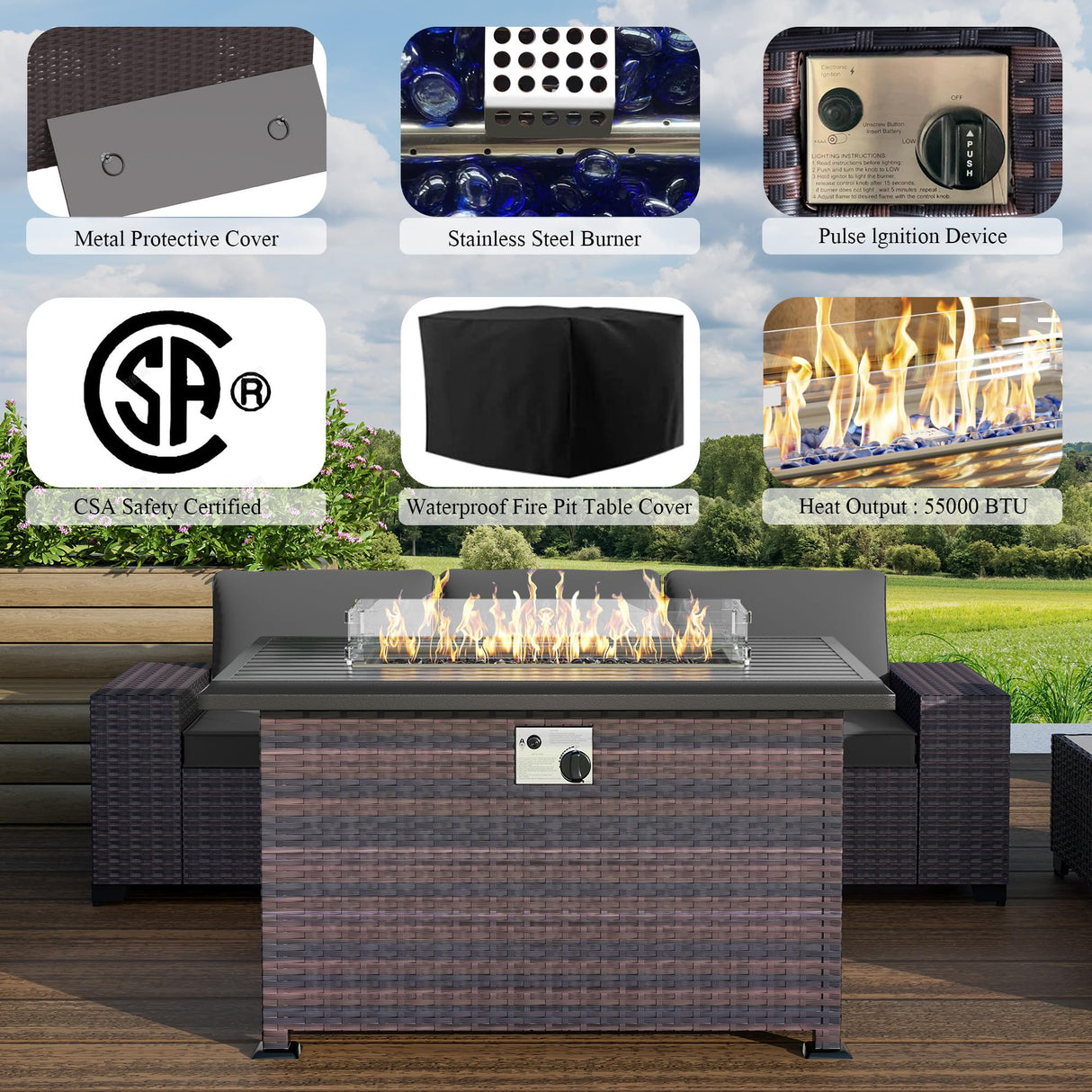 RTDTD Outdoor Patio Furniture Set with Propane Fire Pit Table, 13 Pieces Outdoor Furniture Patio Sectional Sofa Conversation Sets w/ETL Approved 43" Gas Outdoor Fire Table & Coffee Table (Grey) RTDTD