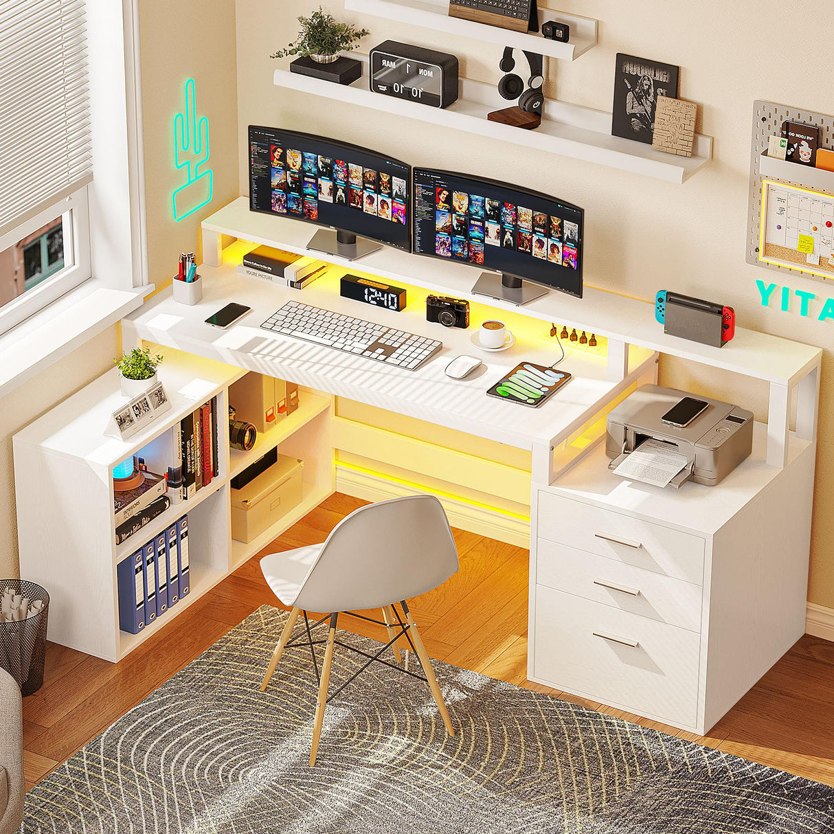YITAHOME L Shaped Desk with 3 Drawers, 65" Corner Computer Desk with Power Outlets & LED Lights, L-Shaped Desk with File Cabinet & Printer Stand for Home Office, White YITAHOME