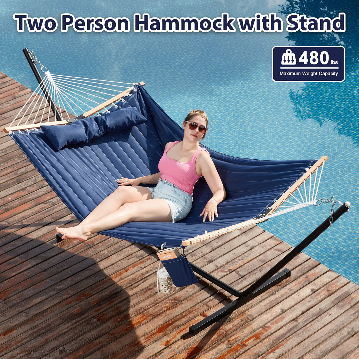Homgava Two Person Hammock with Stand Heavy Duty, Outdoor Patio Hammock with Portable Steel Stand, Large Double Hammocks,480lbs Capacity.(Dark Blue) Homgava