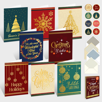 Decorably 16 Pack Gold Foil Embossed 5x7in Merry Christmas Cards with Envelopes and Stickers, 8 Elegant Designs Assorted Christmas Cards Boxed with Envelopes, with Printed Message Inside