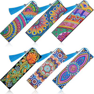 6 Pieces 5D Diamond Bookmark DIY Painting Bookmark Floral Beaded Leather Tassel Bookmarks for DIY Making Arts Crafts Adults Graduation Birthday Embroidery(Classic Style)