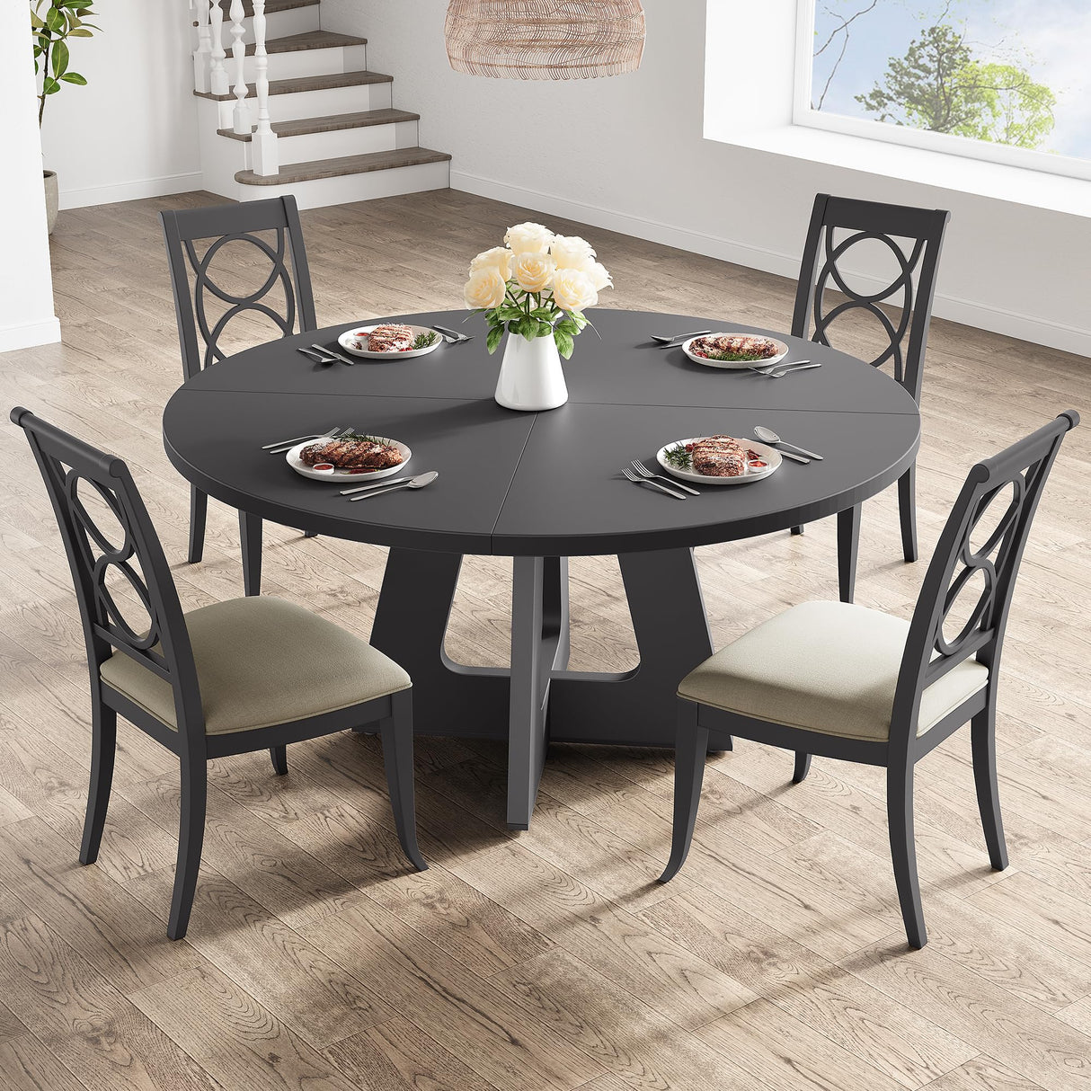 GarveeHome 47-Inch Round Large Dining Table Set for 4 to 6, Farmhouse Dinner Table with Wooden Top and Legs for Home Dining Room or Living Room - Black(No Chairs) GarveeHome