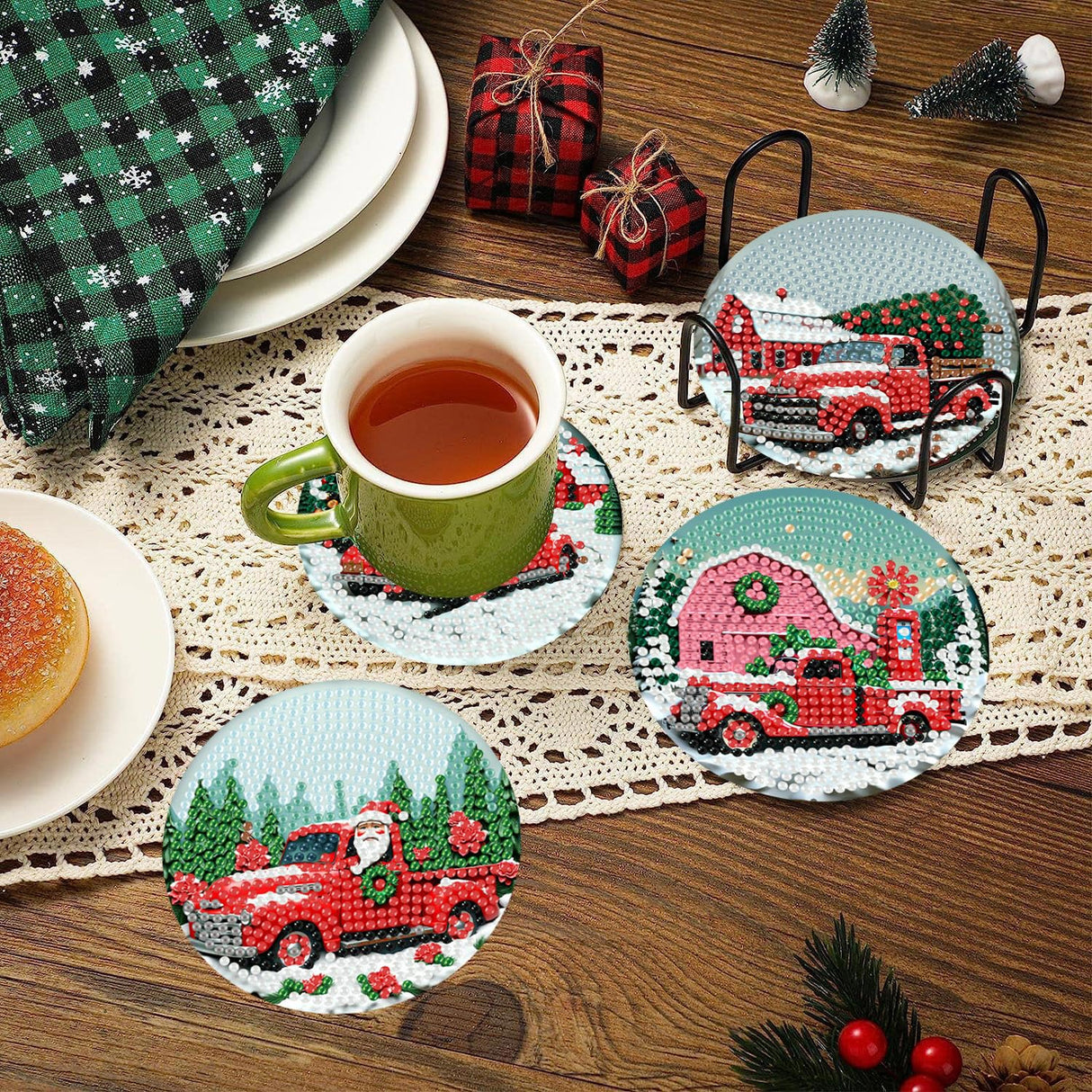 8 PCS Christmas Red Truck Diamond Art Coaster Kits with Holder - Diamond Painting for Adults Beginners - 5D Gem Art Dots Paintings with Cork Pads - Crafts Supplies Clendo