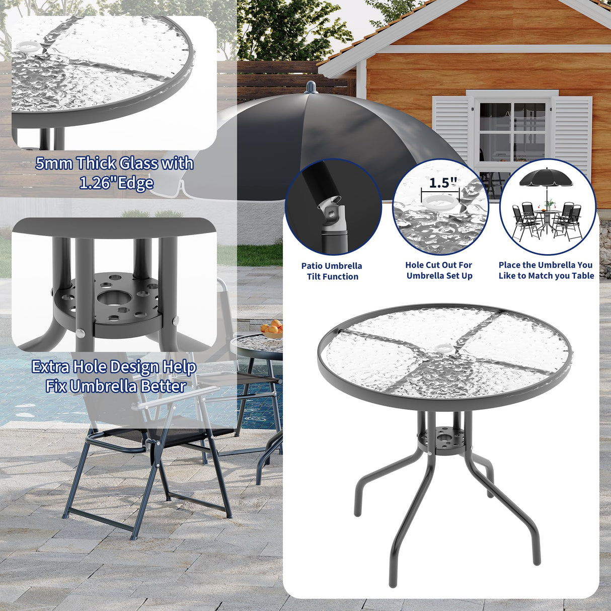 GarveeLife Patio Dining Set for 4 With Umbrella, Outdoor Furniture Set With 4 Folding Dining Chairs, Outdoor Table Umbrella Set With Tempered Glass Top Dinings Table GarveeLife