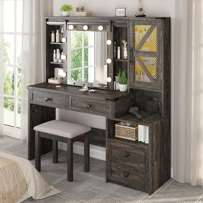 EnHomee 47.2"W Farmhouse Vanity Makeup Vanity Desk with Mirror and Lights,Vanity Table with 4 Drawers & Shelves Big Makeup Desk with Charging Station for Bedroom, Dark Rustic Oak (Stool not Included)