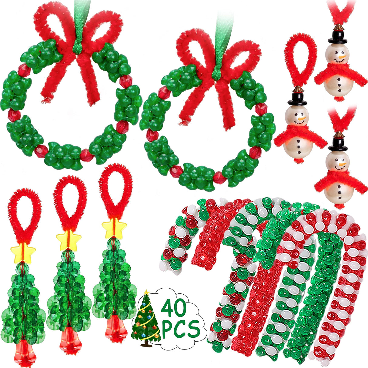 Christmas Crafts for Kids Adults Families, Beaded Ornament Kit to Make Wreath/Candy Cane/Xmas Tree/Snowman, Holiday Decorations Party Supplies, 40 Pieces jollylife